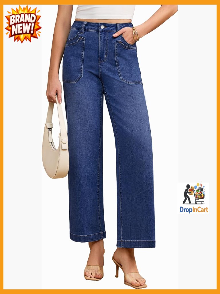 Wide Leg Jeans High Waisted Straight Leg Stretchy Patch Pocket Casual Trouser